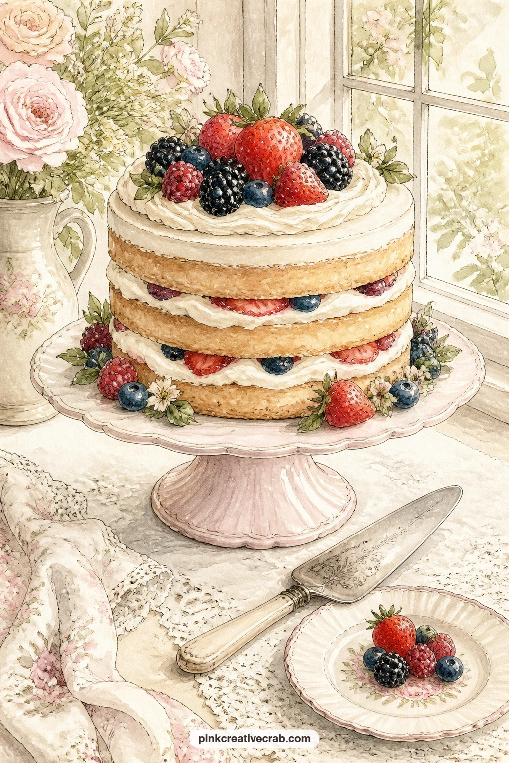 Layer Cake With Fresh Berries printable page — The usual mistake with a cake page like this is leaving it too plain, so add a painted plate, a few crumbs or a