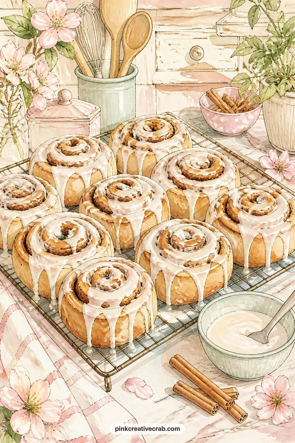 Cinnamon Rolls On A Wire Rack printable page — Cinnamon rolls cool on a wire rack, their icing still soft, with a spoon of glaze and a scatter of cinnamon