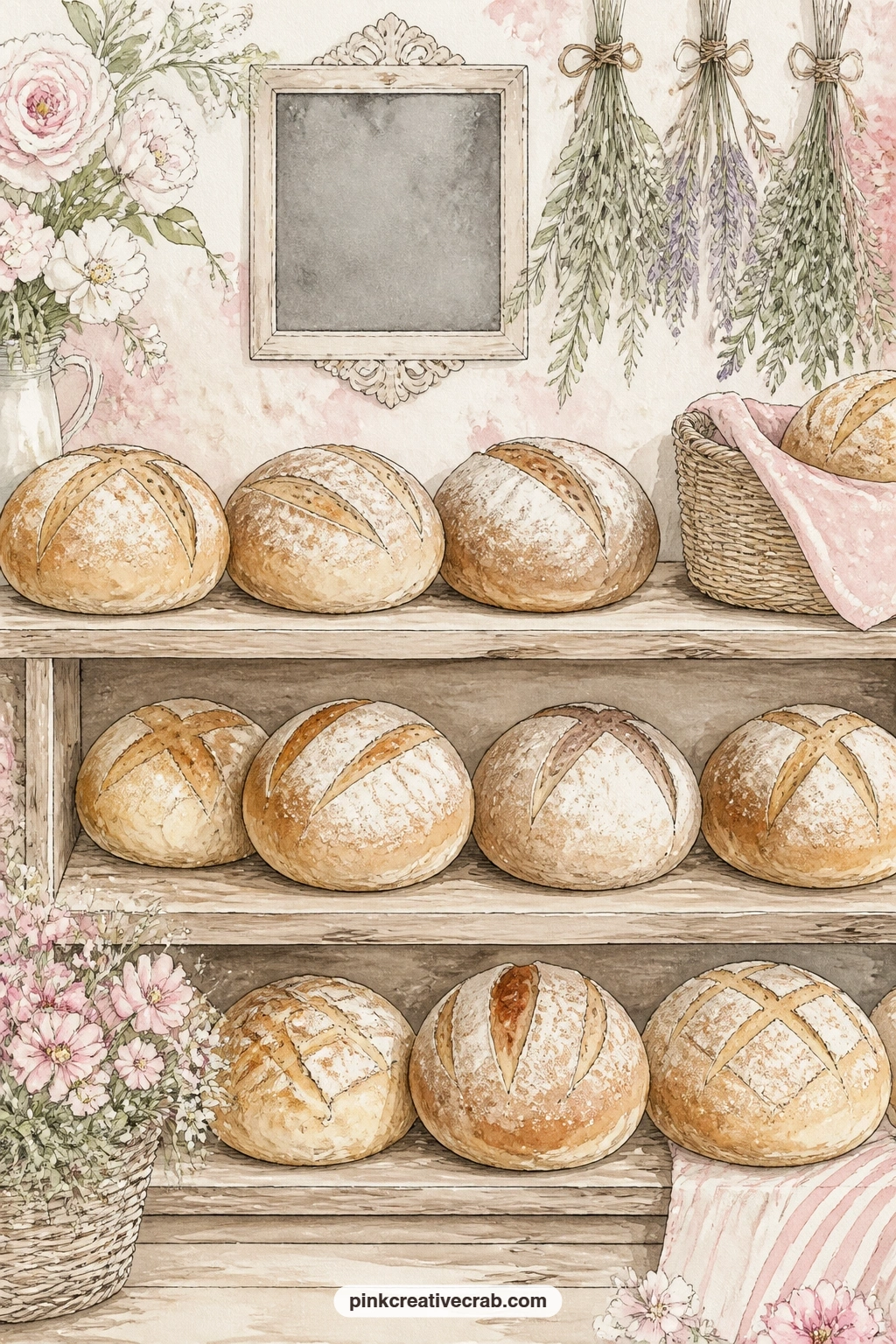 Bakery Shelf Of Round Loaves printable page — If you only have five minutes, glue this page in as is: the shelf of round loaves and its wicker basket already
