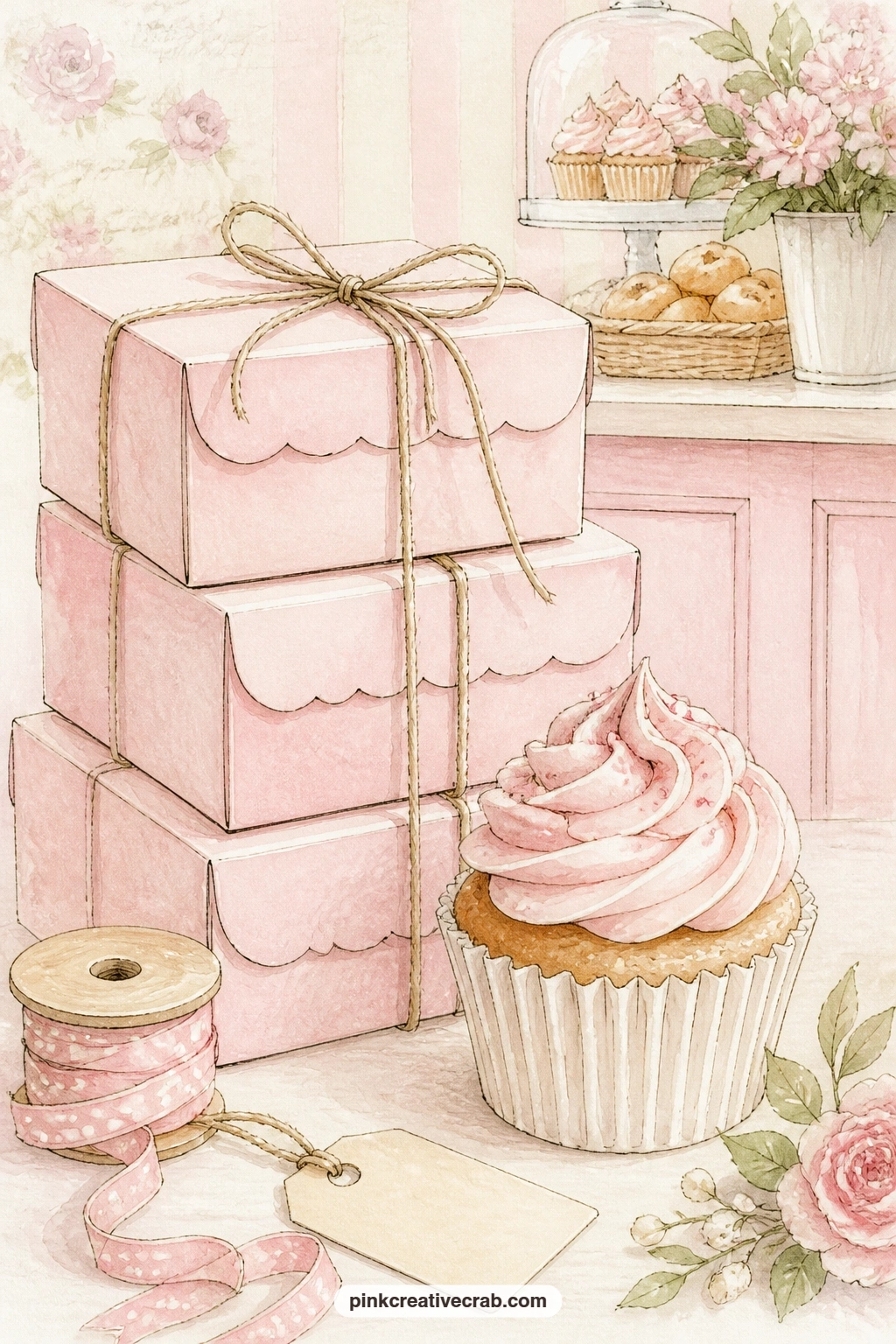 Pink Boxes And A Cupcake printable page — Which page would you choose to take home today, and what would you write to go with it. Bakery junk journal