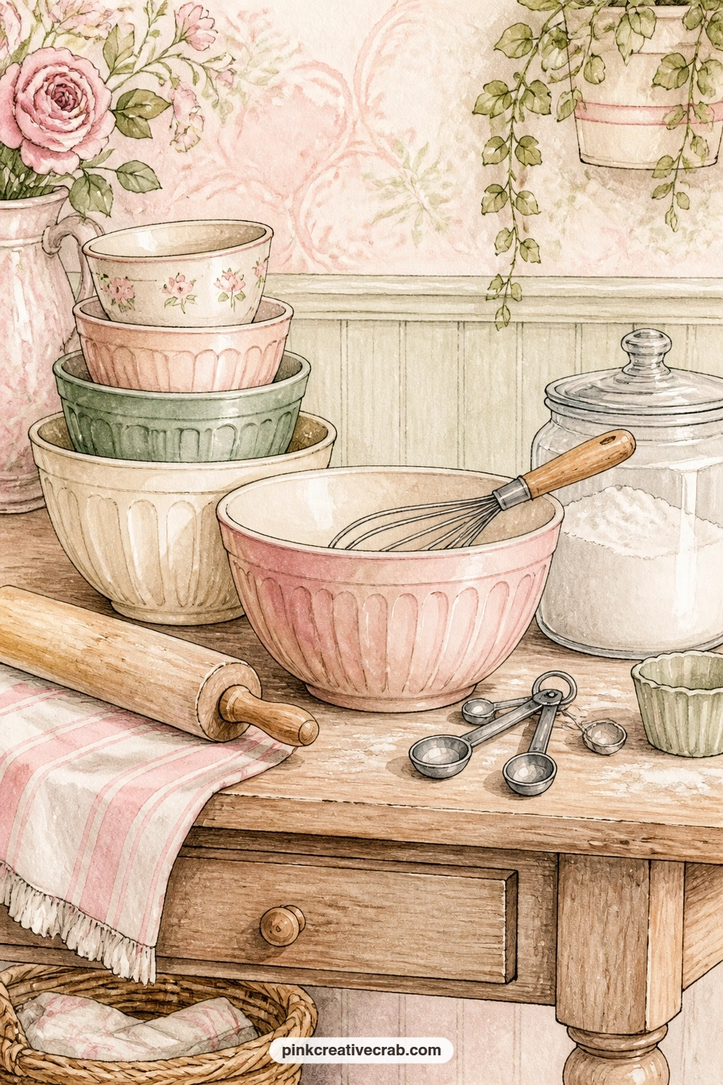 Baker's Table With Mixing Bowls printable page — A good place for a baking day list or a short recipe note, since the table already holds mixing bowls, a whisk