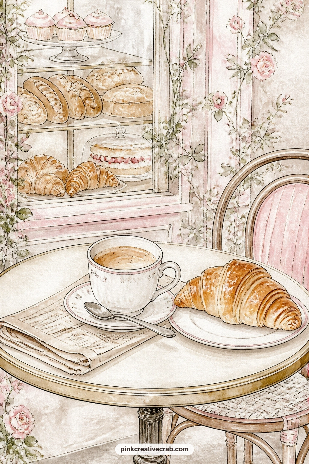 Coffee And Croissant At A Cafe Table printable page — A cup of coffee and a flaky croissant sit on a small cafe table, with a folded newspaper and a spoon