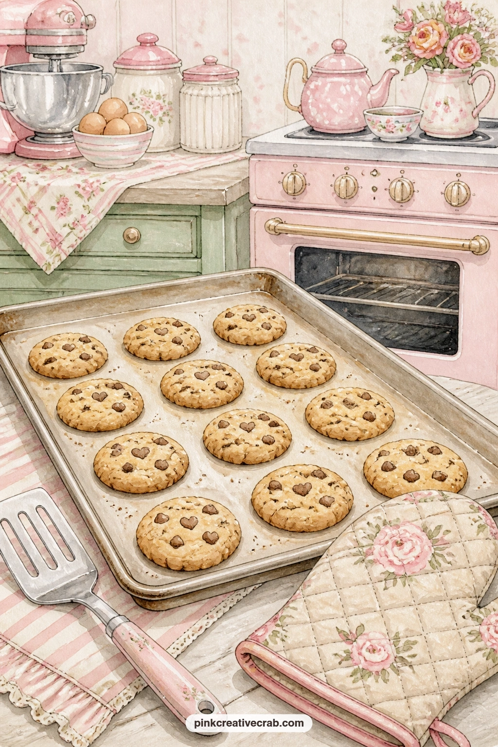 Cookies On A Baking Sheet printable page — Keep a spatula and oven mitt painted beside the tray, then tea-stain the lower edge of the page lightly to echo the