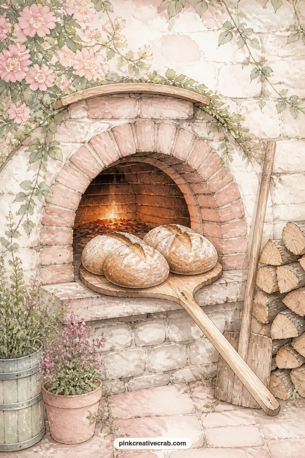 Brick Oven With Fresh Loaves printable page — A brick oven glows gently as loaves rest on a long wooden peel, with embers and a stack of split wood painted in