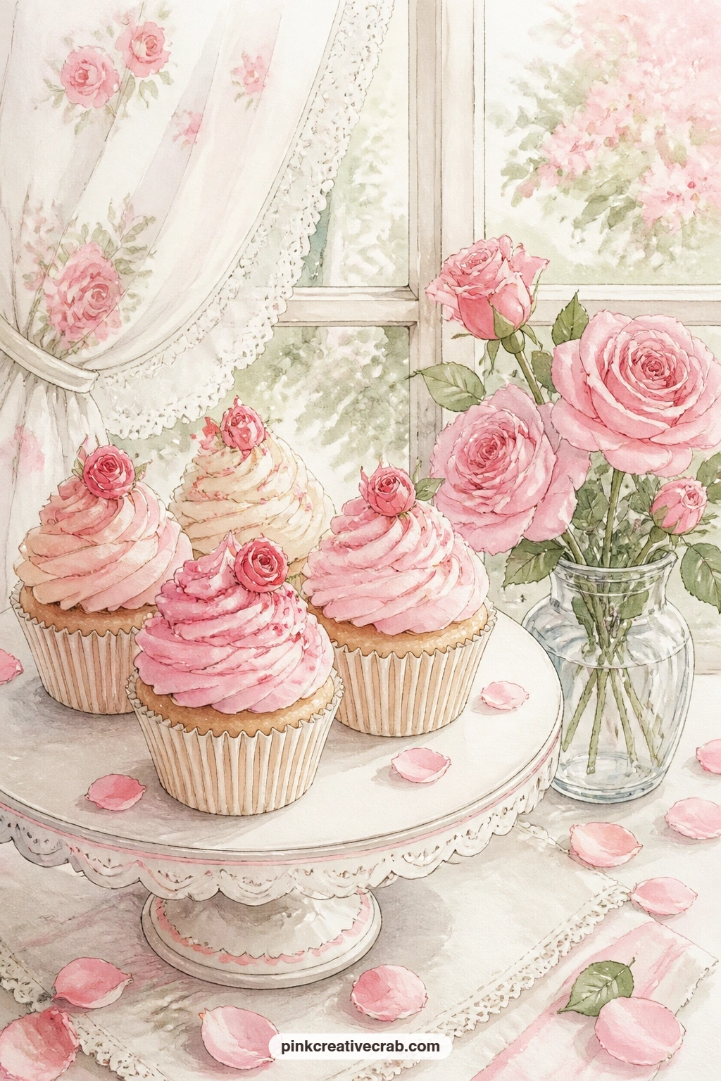 Cupcakes And A Vase Of Roses printable page — This page suits a journal made as a gift for someone who loves flowers as much as sweets, since the cupcakes