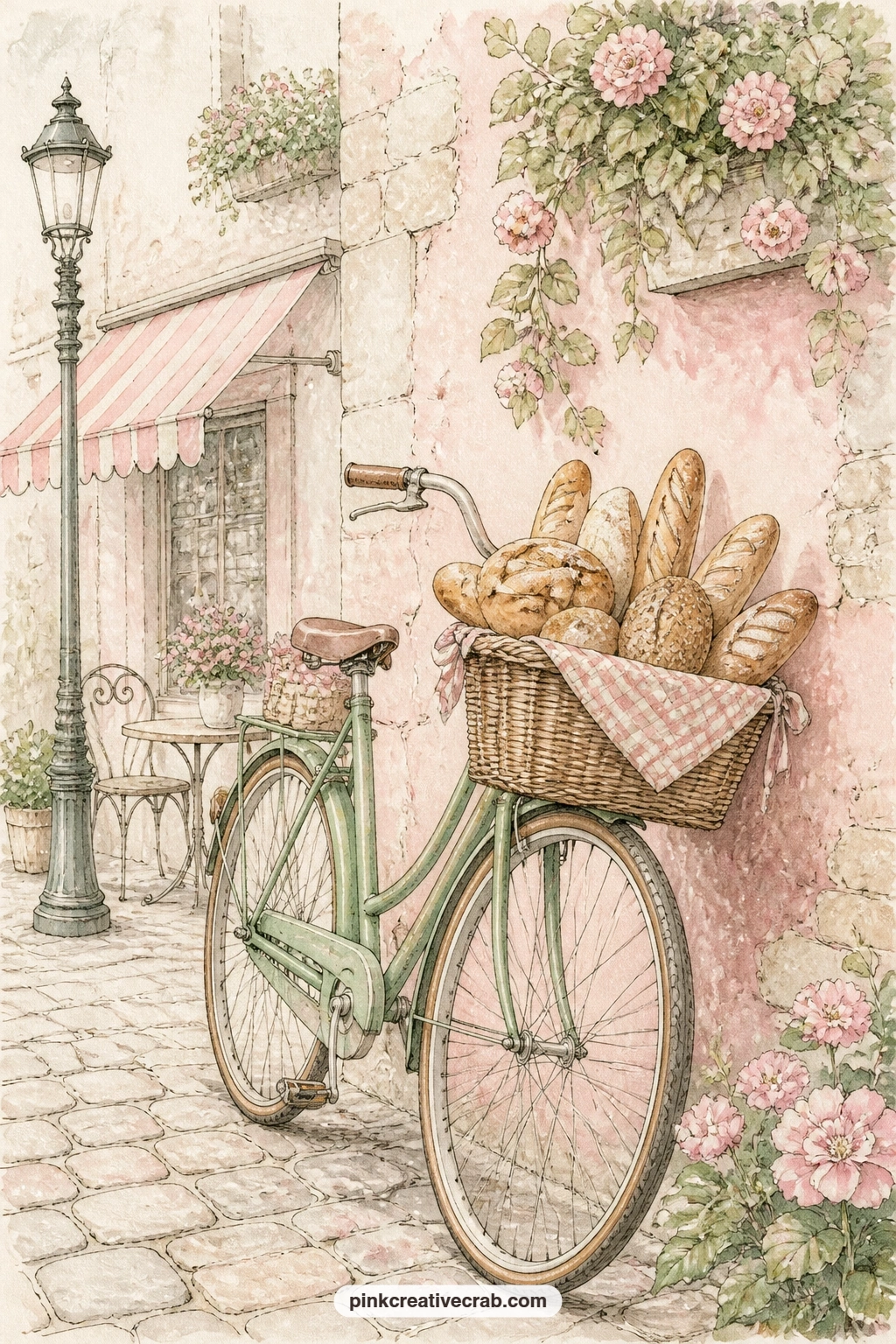 Delivery Bicycle With Bread Basket printable page — A bakery delivery bicycle leans against a wall, its front basket piled with bread, ready for the first