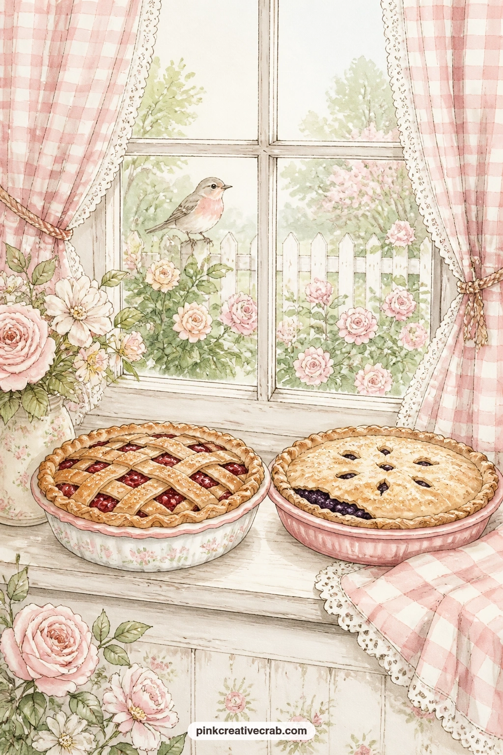 Pies Cooling On The Windowsill printable page — Try folding the top edge of this page down into a small flap, so the gingham curtain seems to swing open over