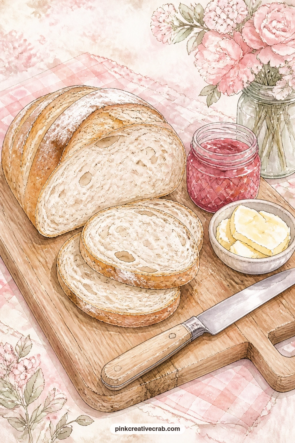 Bread Board With Butter And Jam printable page — A wooden bread board holds a sliced loaf, with butter in a dish and a small jar of jam set beside the knife.