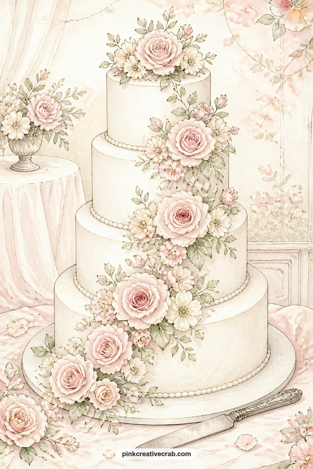 Tiered Wedding Cake With Sugar Flowers printable page — For a journal kept as a wedding keepsake , this cake page sits well near the front, decorated with