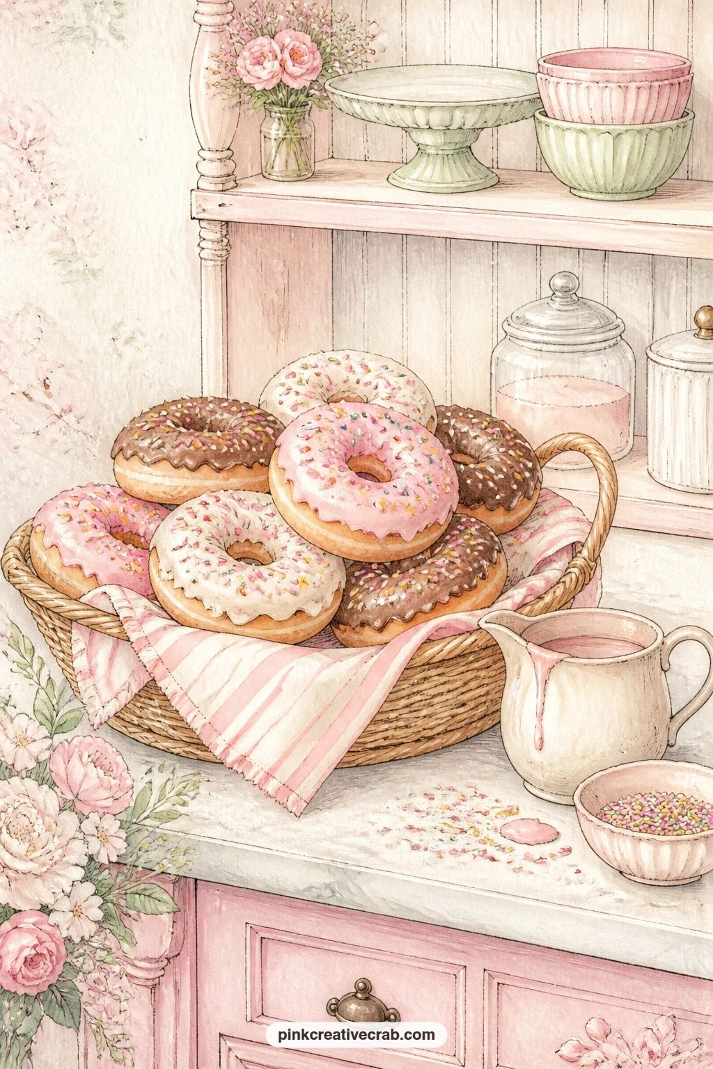 Donuts With Sprinkles On The Counter printable page — Sprinkled donuts fill a basket set on a pastel counter, with a small jug of glaze and a dusting of sugar