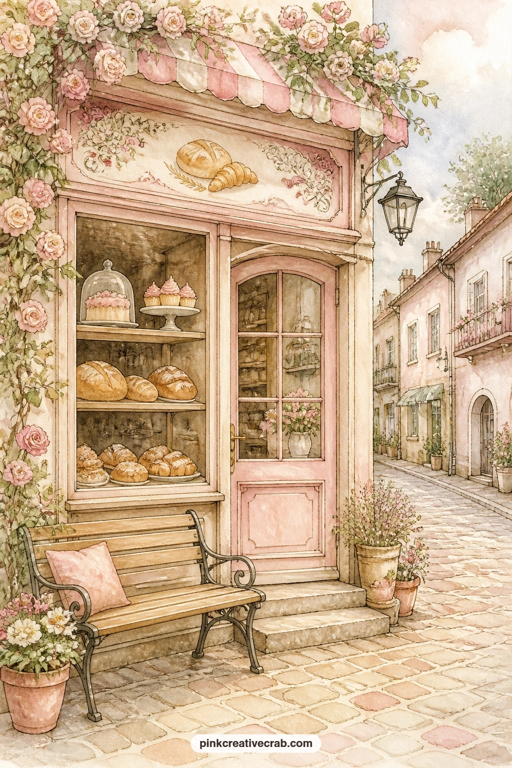 Little Bakery Storefront With A Bench printable page — Place this storefront as the closing scene of a spread, with a quiet bench out front and pastel walls
