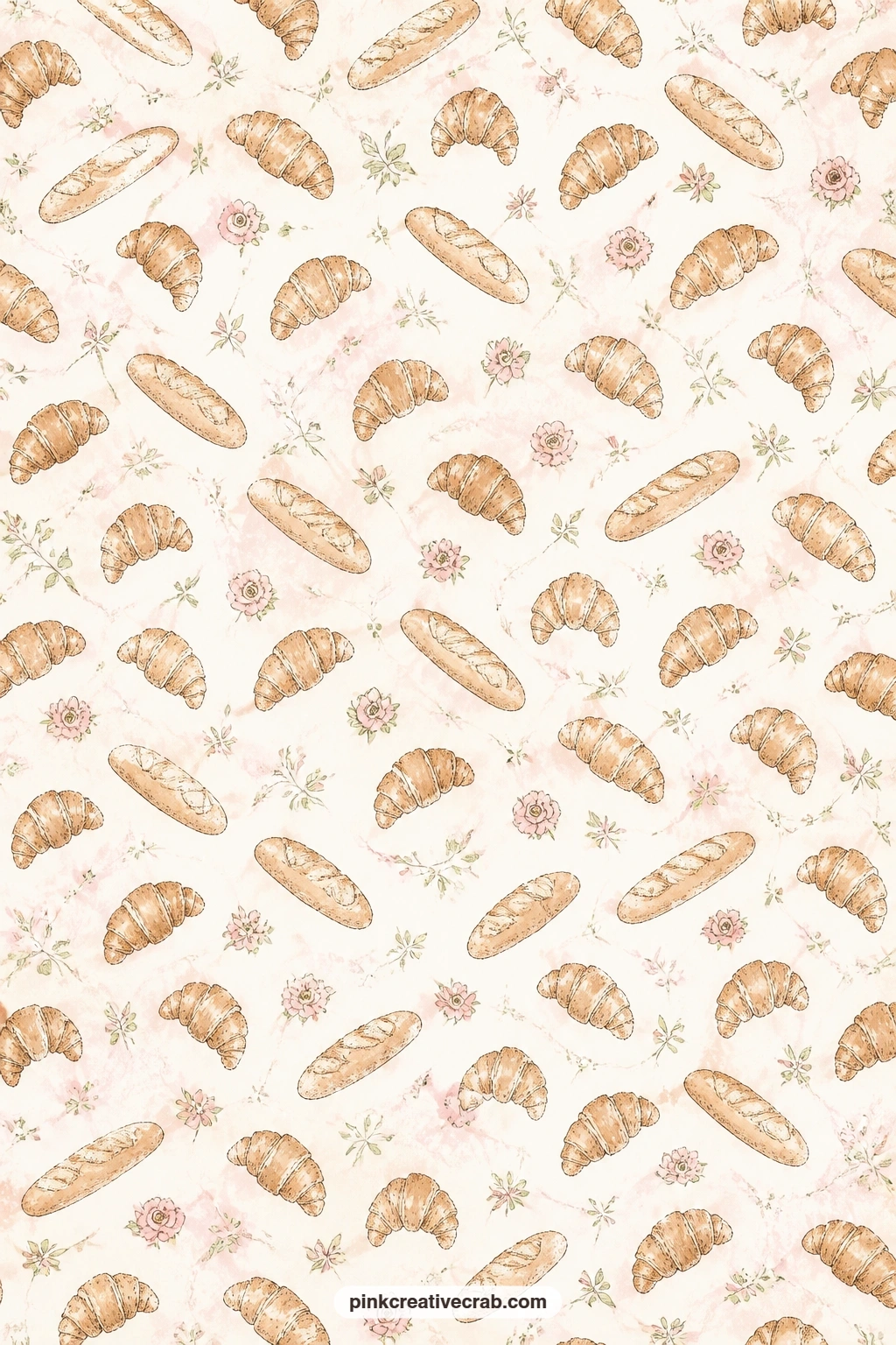 Croissants And Baguettes Pattern printable page — Small croissants and baguettes repeat edge to edge in this soft pattern. Bakery junk journal