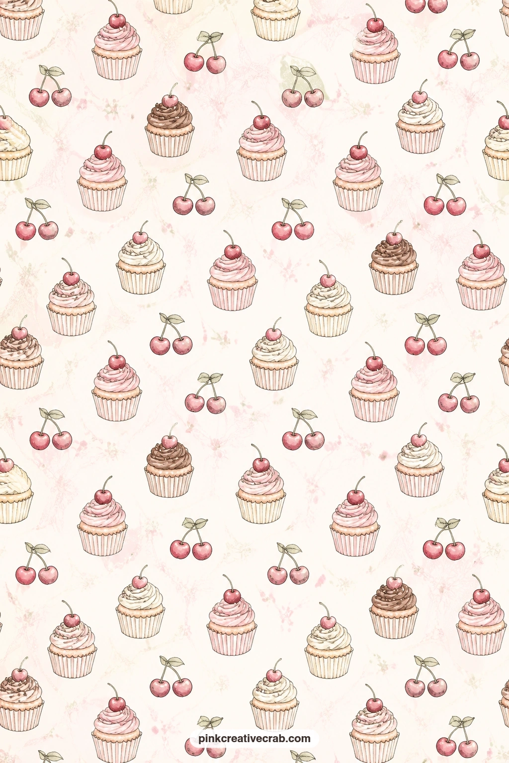 Cupcakes And Cherries Pattern printable page — Cupcakes and cherries scatter across this pattern in a light, even rhythm. Bakery junk journal