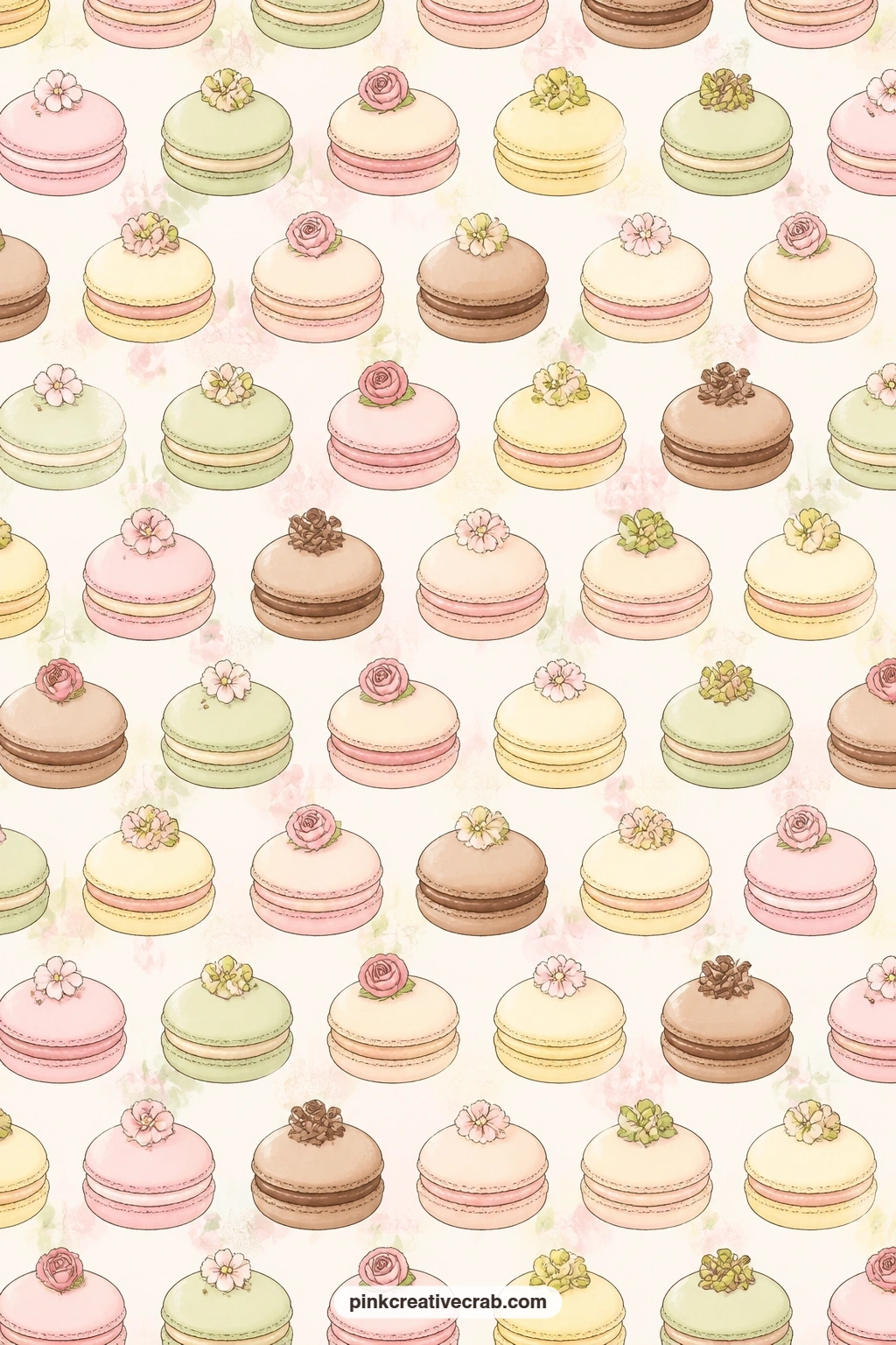 Pastel Macarons Background Paper printable page — Rows of pastel macarons fill this sheet from corner to corner. Bakery junk journal