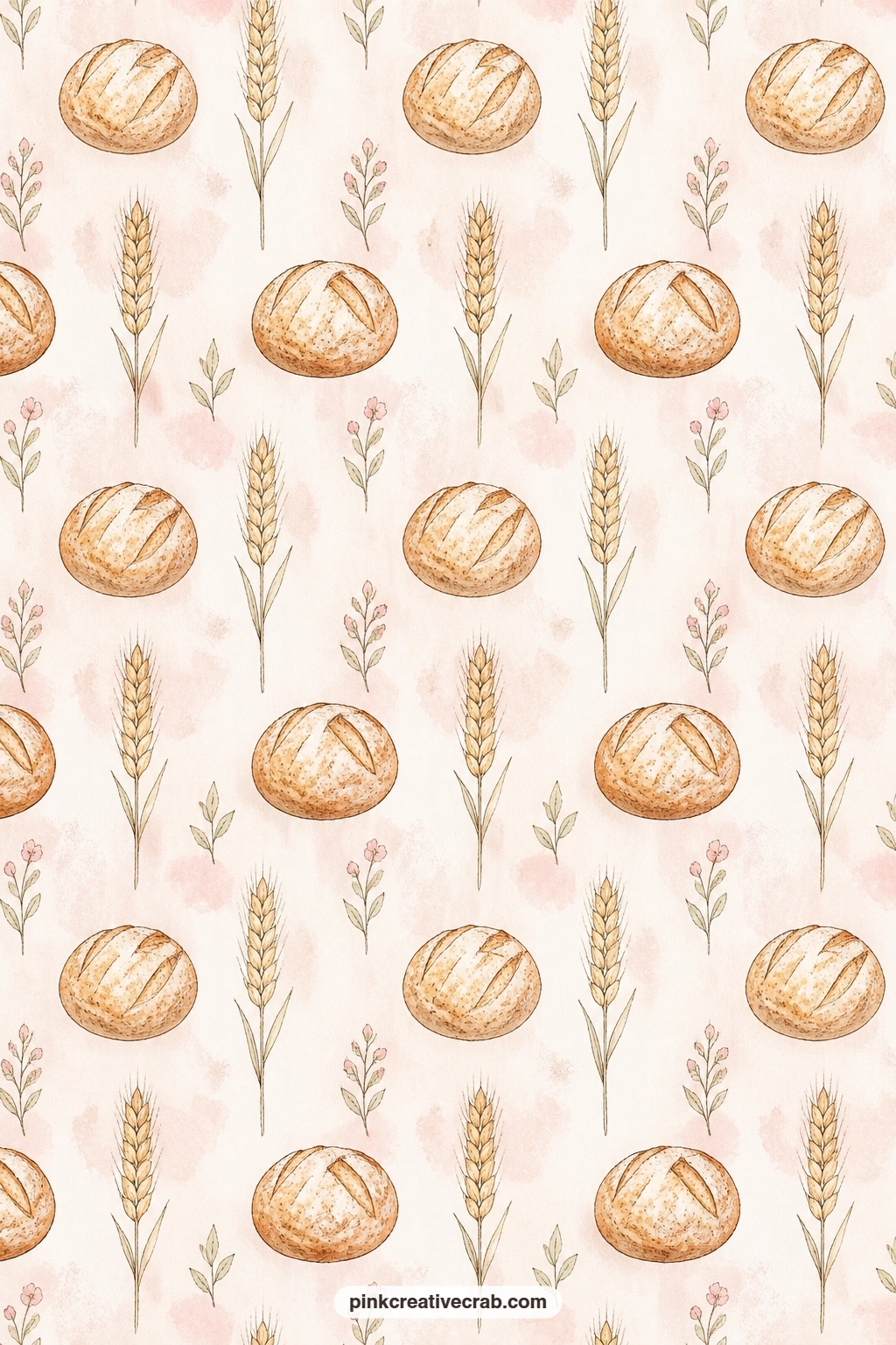 Bread Loaves And Wheat Stalks Background printable page — Round loaves and slender wheat stalks repeat together across this paper. Bakery junk journal