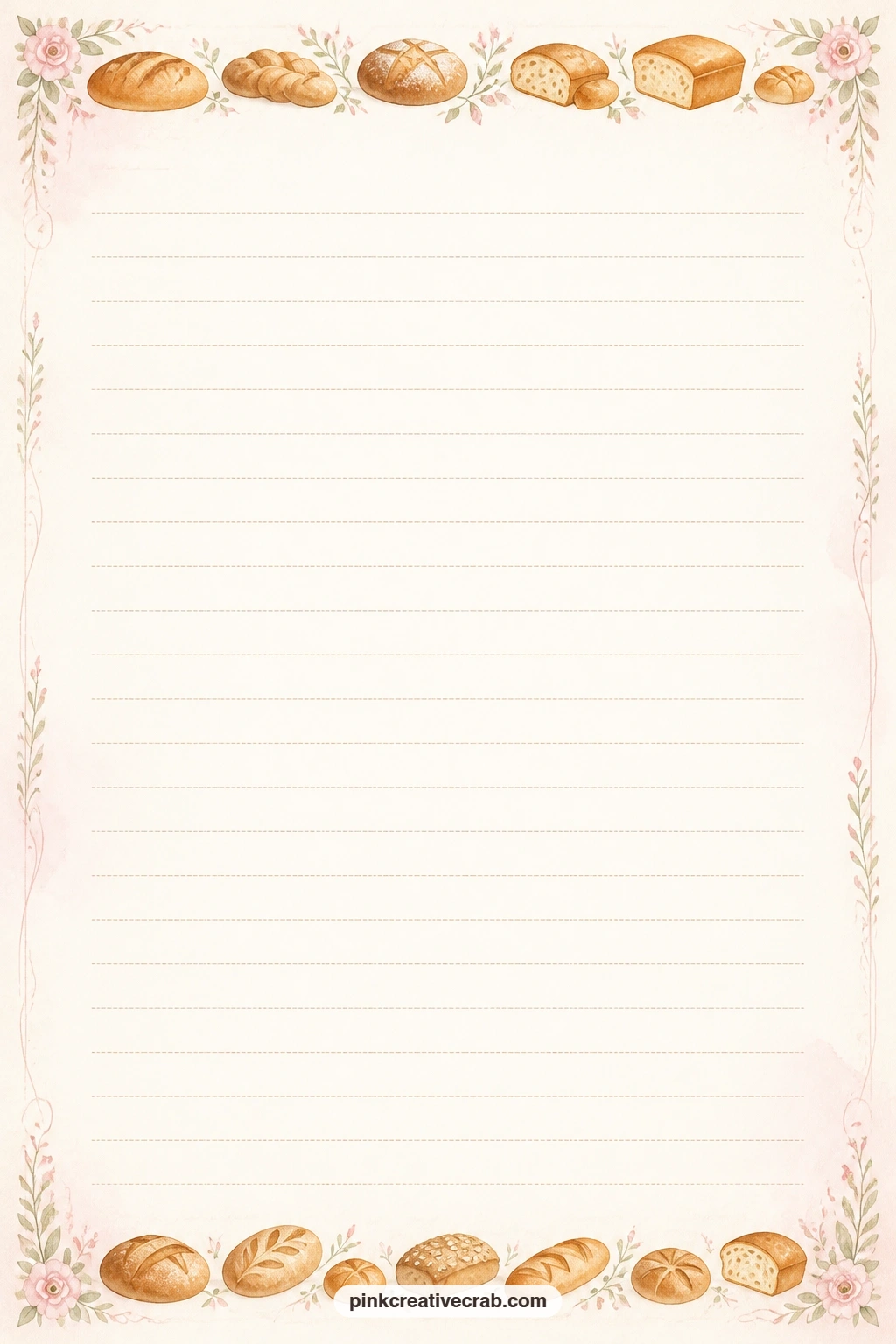 Bakery Bread Loaf Border Lined Page printable page — Loaves of bread line the border of this page around faint ruled lines. Bakery junk journal