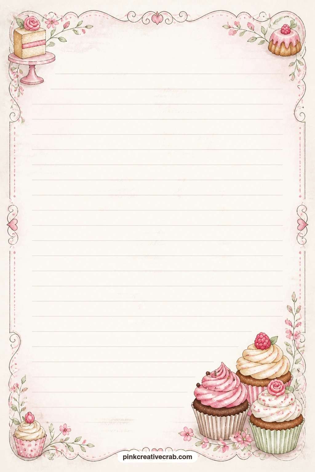 Cupcake Corner Lined Page printable page — A cupcake spray sits in one corner of this lined page, leaving the ruled lines free for a birthday message, a gift
