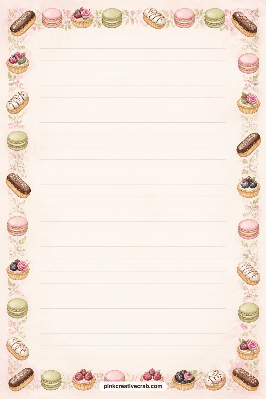 Pastry Case Frame Lined Page printable page — A thin frame of pastry case treats runs around the edge of this page. Bakery junk journal