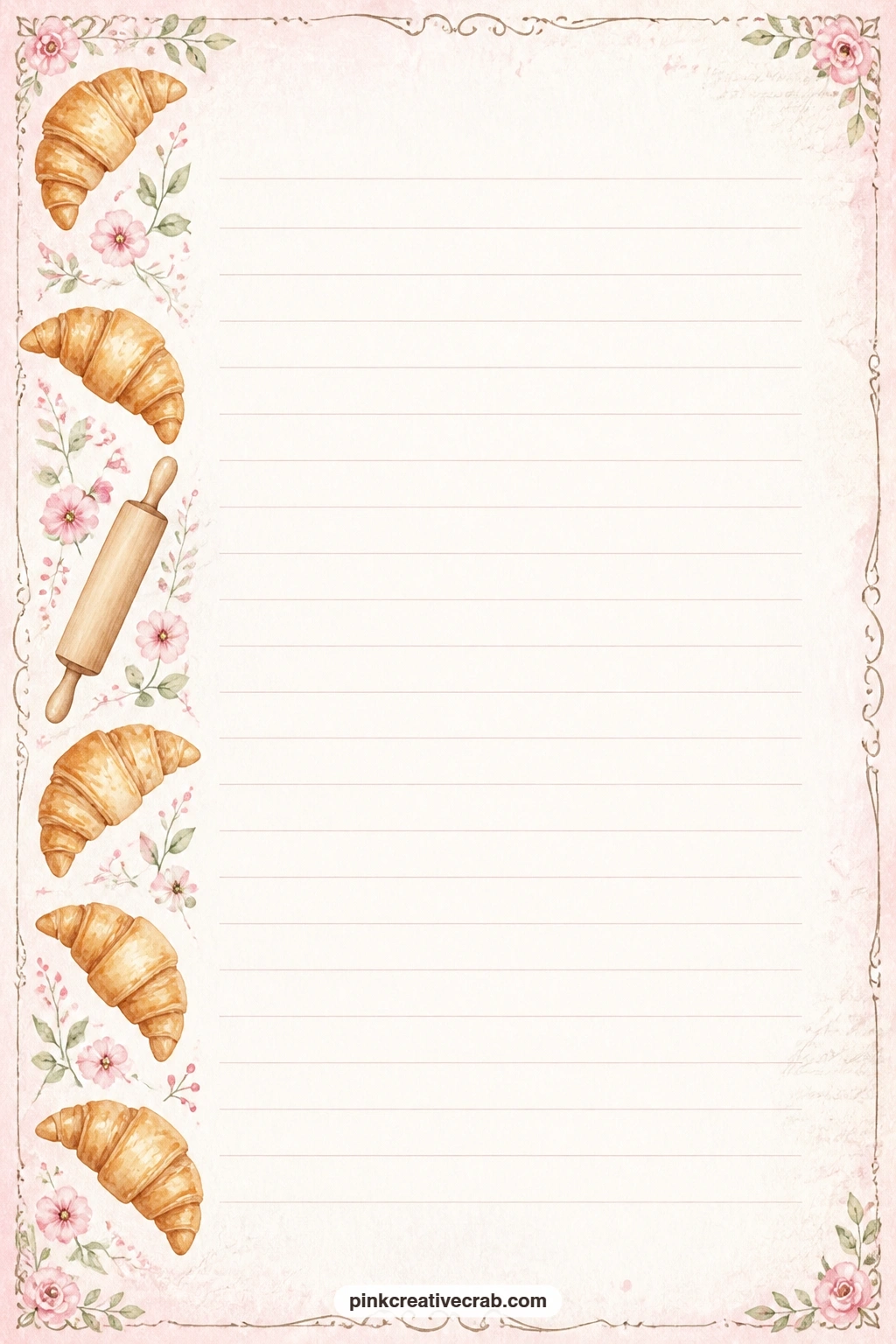 Croissant And Rolling Pin Lined Page printable page — A band of croissants and a small rolling pin runs down one side of this page, leaving the ruled lines