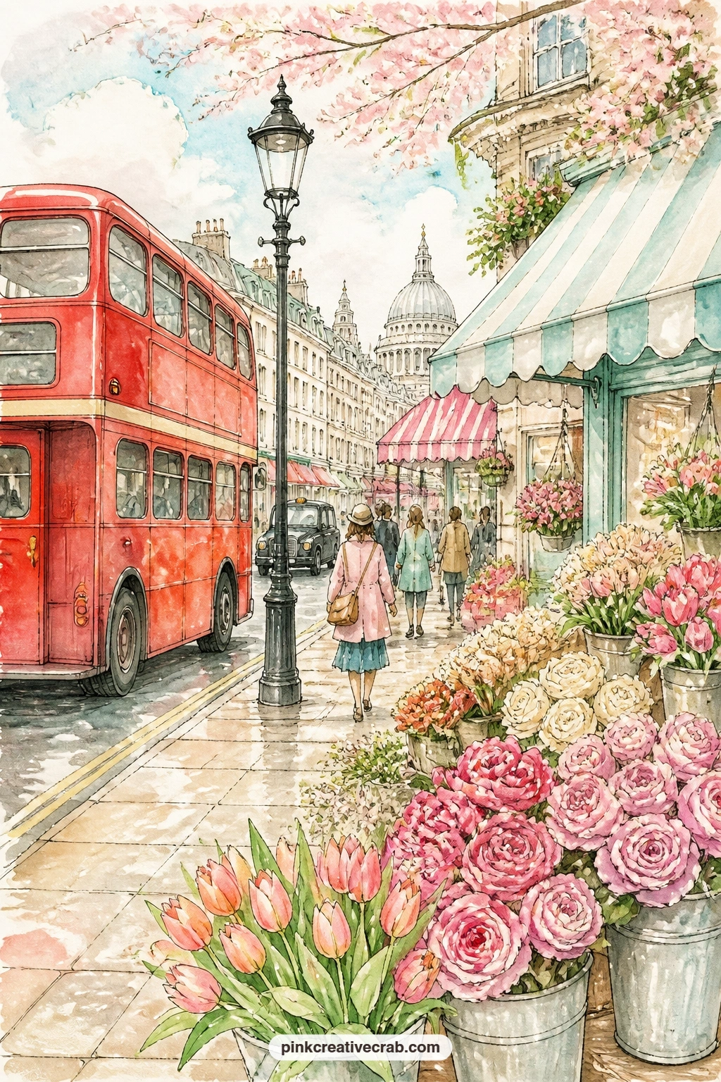 Bus Passing A Flower Stall printable page — A red double decker rolls past a flower stall heaped with tulips and roses on a sunny street, with striped awnings