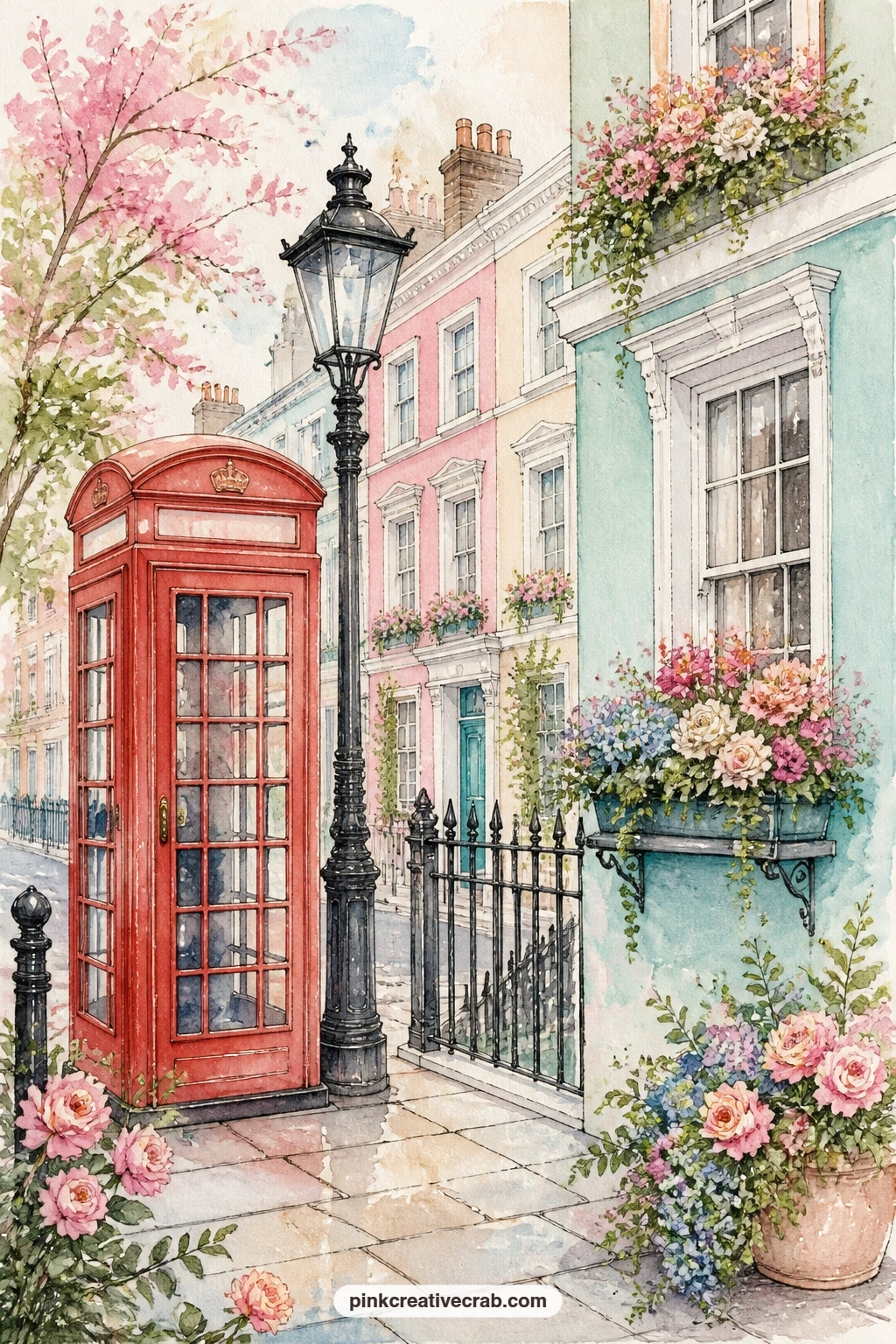 Telephone Box And Lamp Post printable page — Standing beside a lamp post and window boxes bursting with blooms, a red telephone box gives this page the loudest