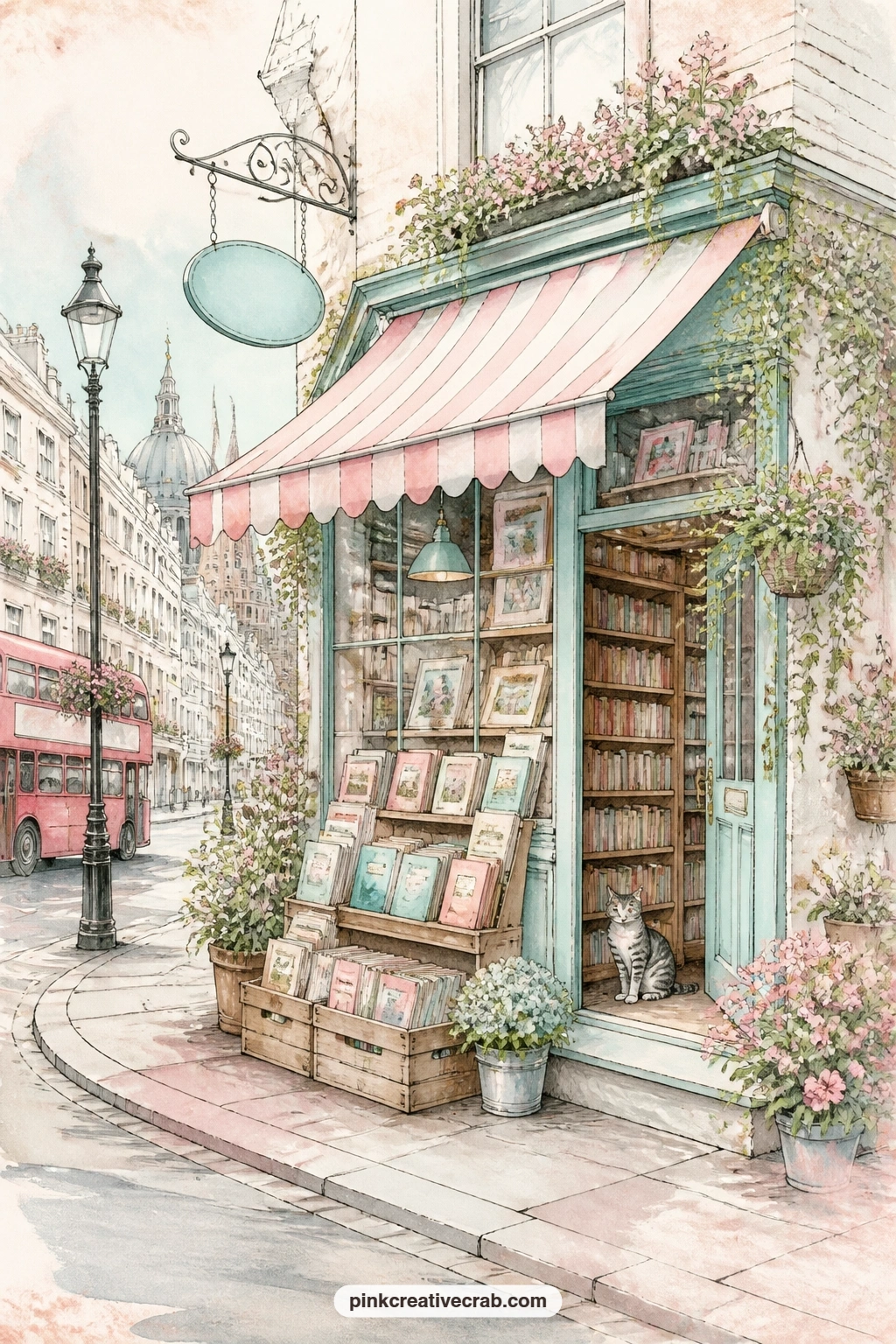 Corner Bookshop With Awning printable page — Stacked books spill from crates under a striped awning on this corner bookshop, with a hanging sign and a cat
