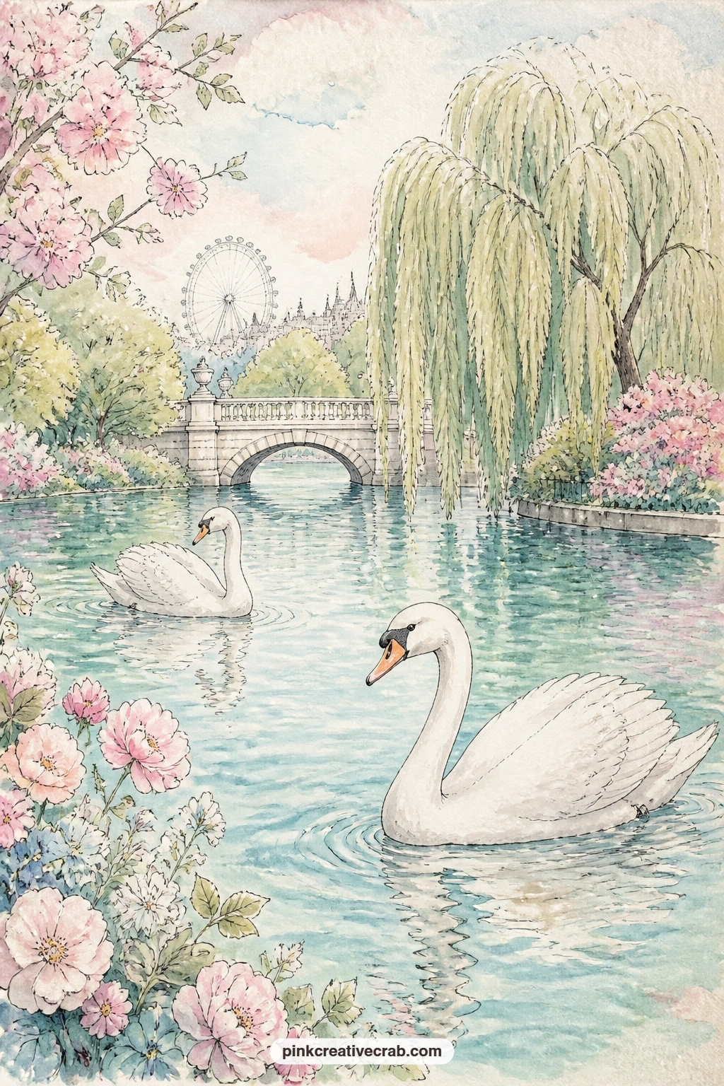 Swans On The Park Lake printable page — The usual mistake with a lake page like this is leaving too much flat water with nothing happening on it: keep the