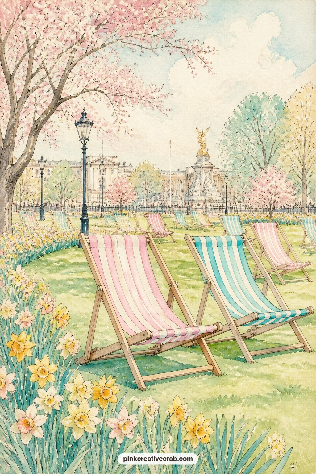 Striped Deck Chairs On The Lawn printable page — Daffodils edge a sunny lawn scattered with striped deck chairs, the kind of page that works well for a quiet