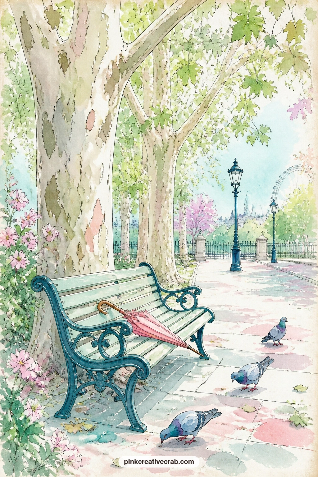 Bench Under Plane Trees printable page — Pigeons gather near a folded umbrella left on a park bench under tall plane trees, with dappled light falling across