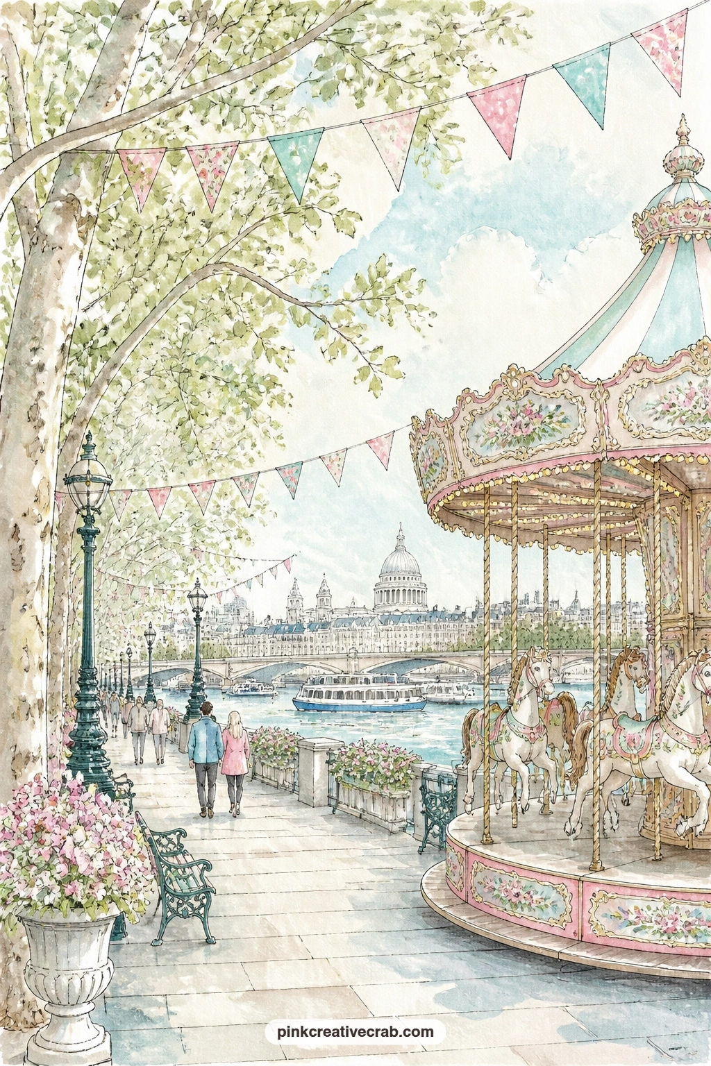 Riverside Walk With Carousel printable page — For the five minute version of this page, skip the full riverside crowd and just glue it in as is: the carousel