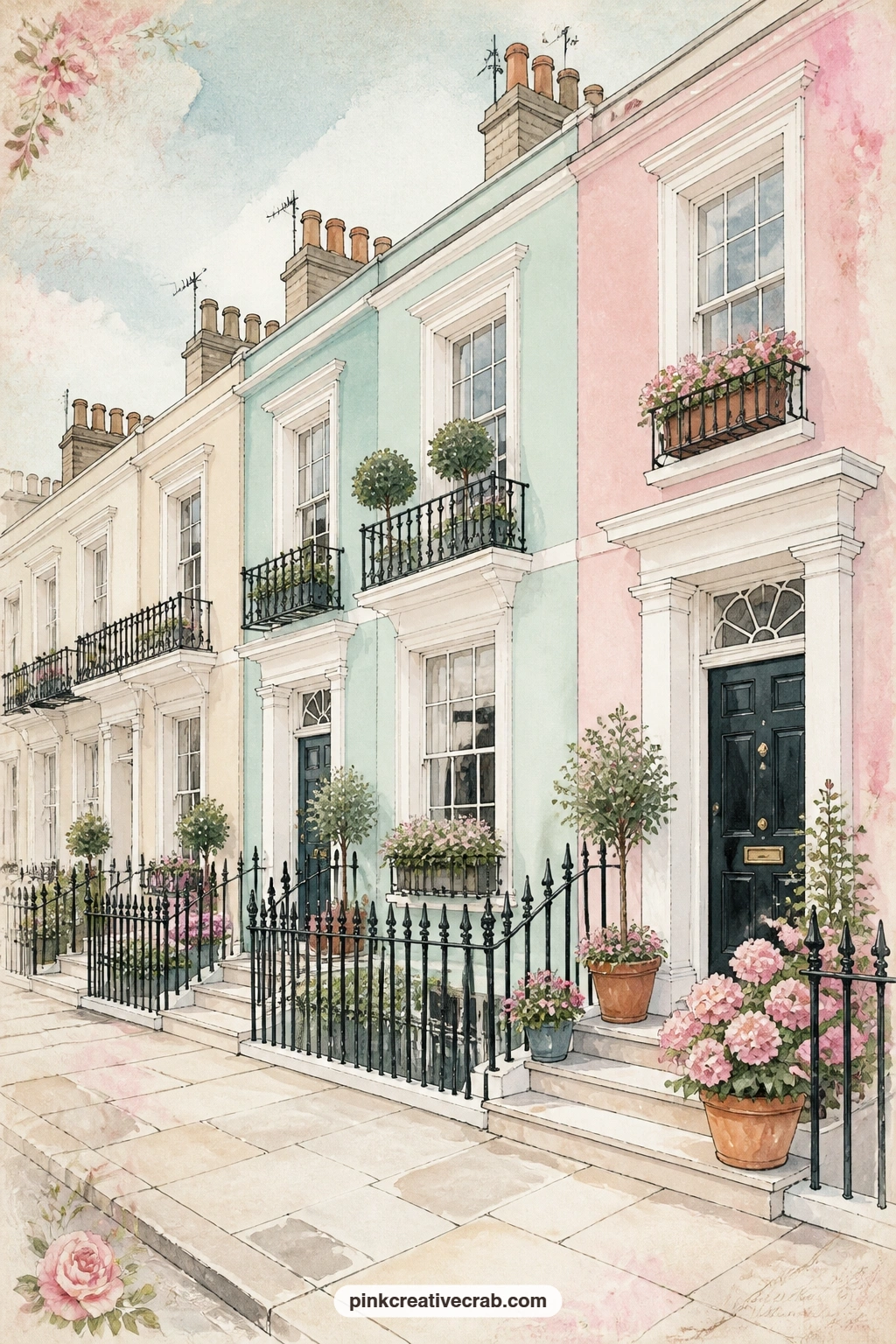 Townhouses With Black Railings printable page — A row of pastel townhouses stands shoulder to shoulder behind black iron railings, each doorstep holding its