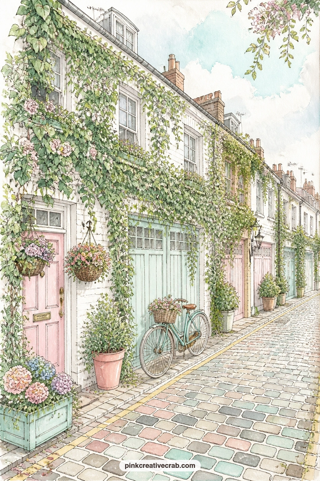 Ivy Covered Mews Street printable page — A bicycle leans against one of the ivy covered cottages lining this cobbled mews street, quiet and tucked away from