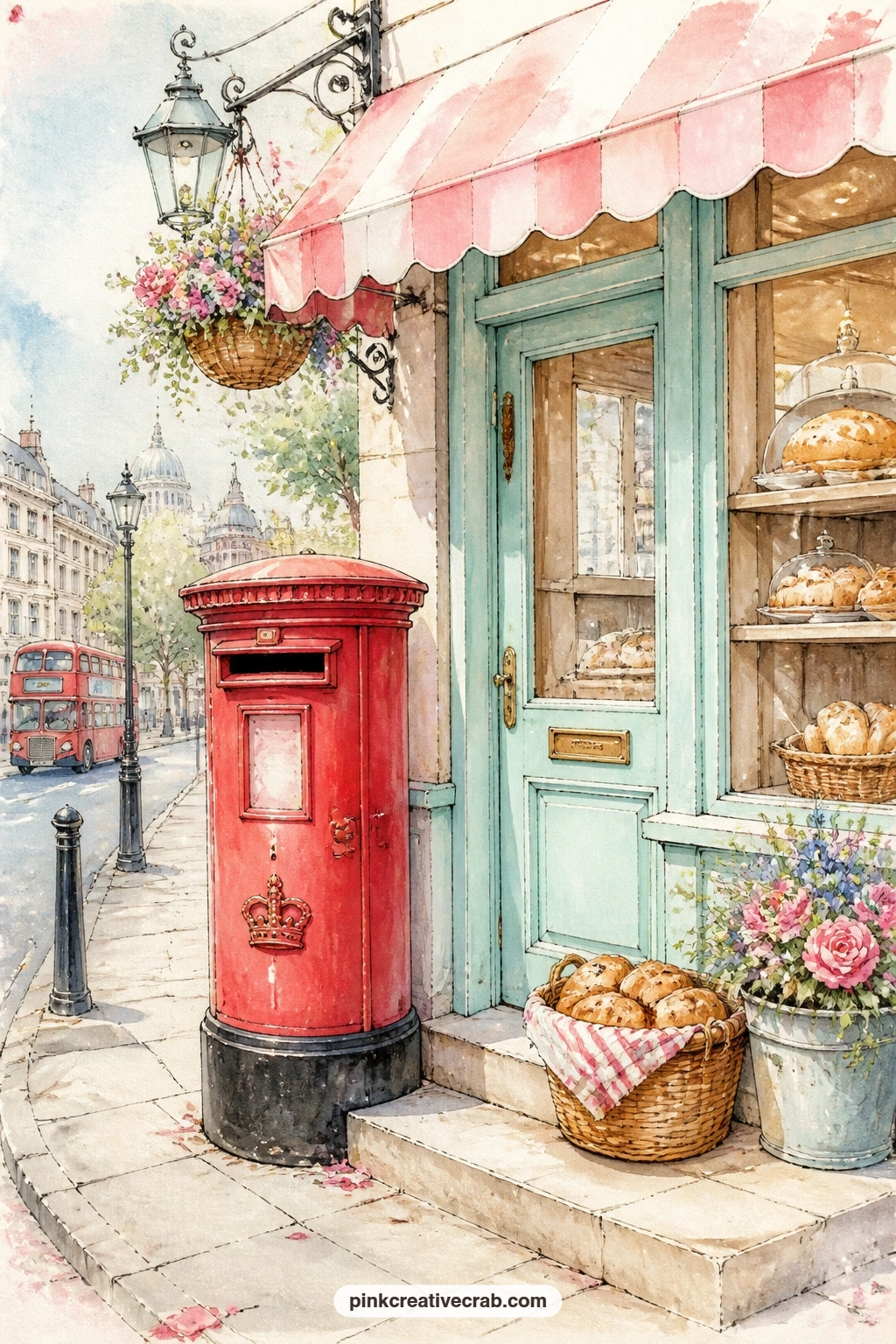 Post Box By The Bakery printable page — A basket of fresh buns sits by the bakery door next to a red post box, steam still curling from the morning batch.