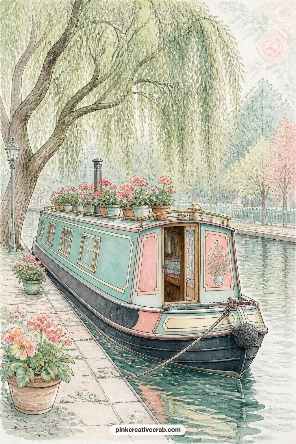 Canal Boat Under A Willow printable page — Moored under a trailing willow, a canal boat with potted geraniums along its roof makes a gentle still life for a