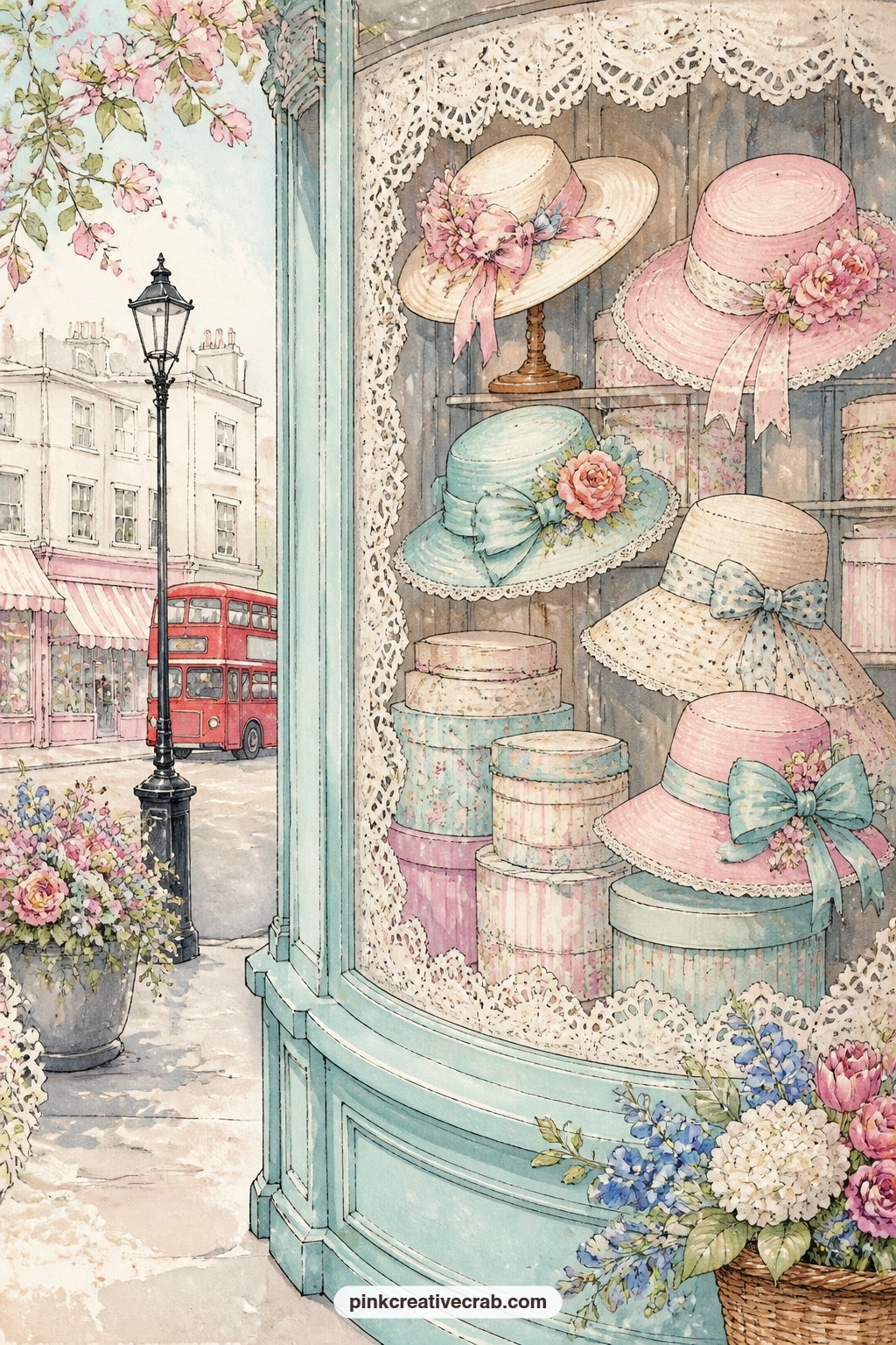 Hat Shop Window printable page — Ribboned hats sit in round hat boxes stacked in this shop window, a small indulgent corner of the kit worth pairing with the