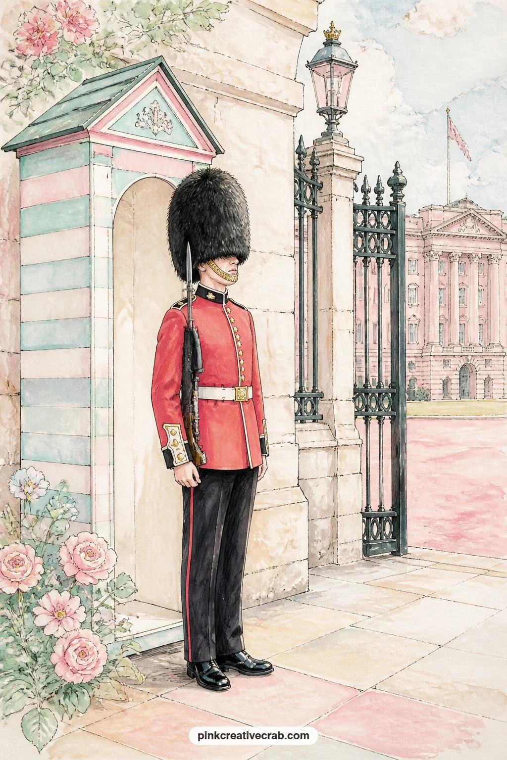 Guard By The Sentry Box printable page — Standing stiff and tall in a bearskin hat beside his sentry box, this page gives the kit its one proper royal