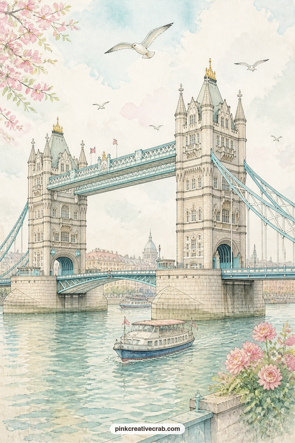Tower Bridge Over The River printable page — Boats drift beneath Tower Bridge on a soft sunny morning, the river catching pale light under the two stone