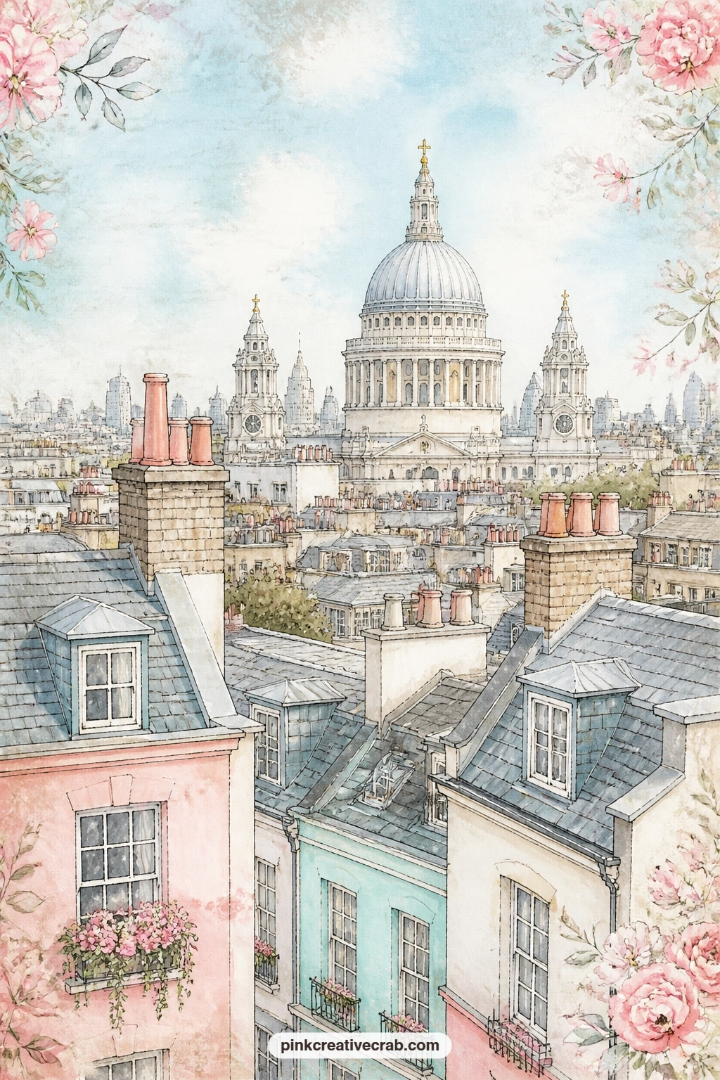 Cathedral Across The Rooftops printable page — A domed cathedral rises across a sea of rooftops and chimney pots under a pale blue sky, the quietest skyline