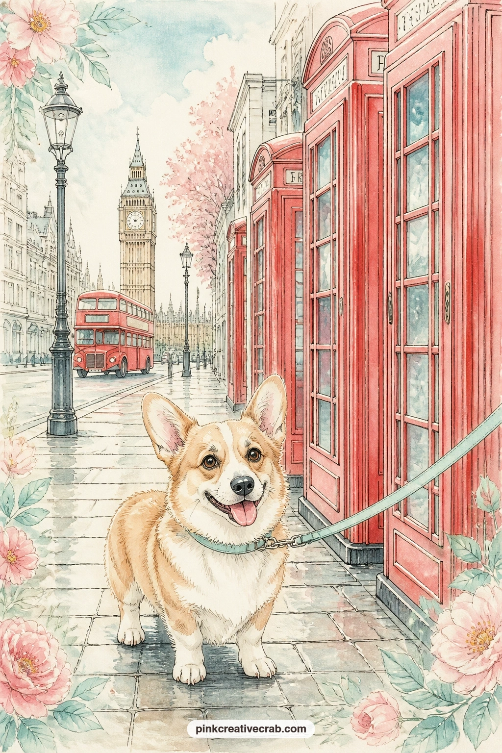 Corgi By The Telephone Boxes printable page — Tuck a tiny photo of your own dog, or a pet you love, into the corner of this page beside the corgi on its leash