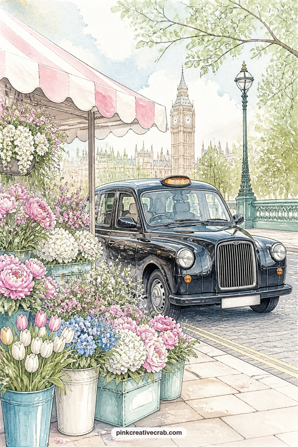 Black Taxi By The Flower Stall printable page — A black taxi sits parked beside a market stall heaped with fresh flowers, buckets of blooms spilling onto the