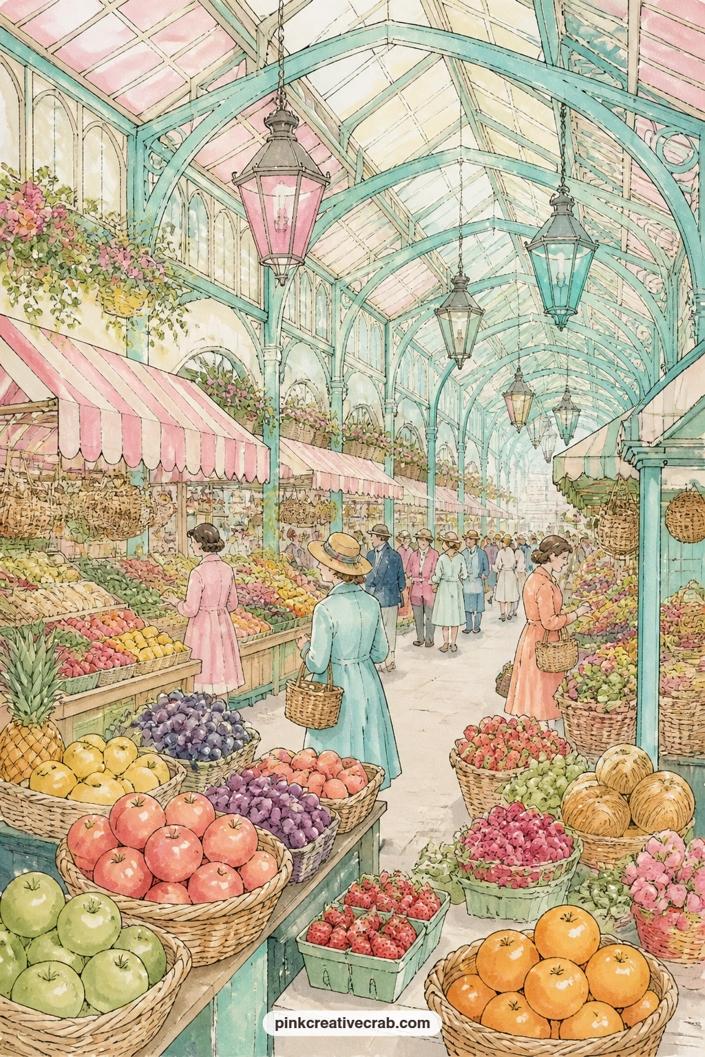 Covered Market Hall printable page — Fruit stalls and baskets crowd this covered market hall, with hanging lanterns strung overhead to carry the eye up and