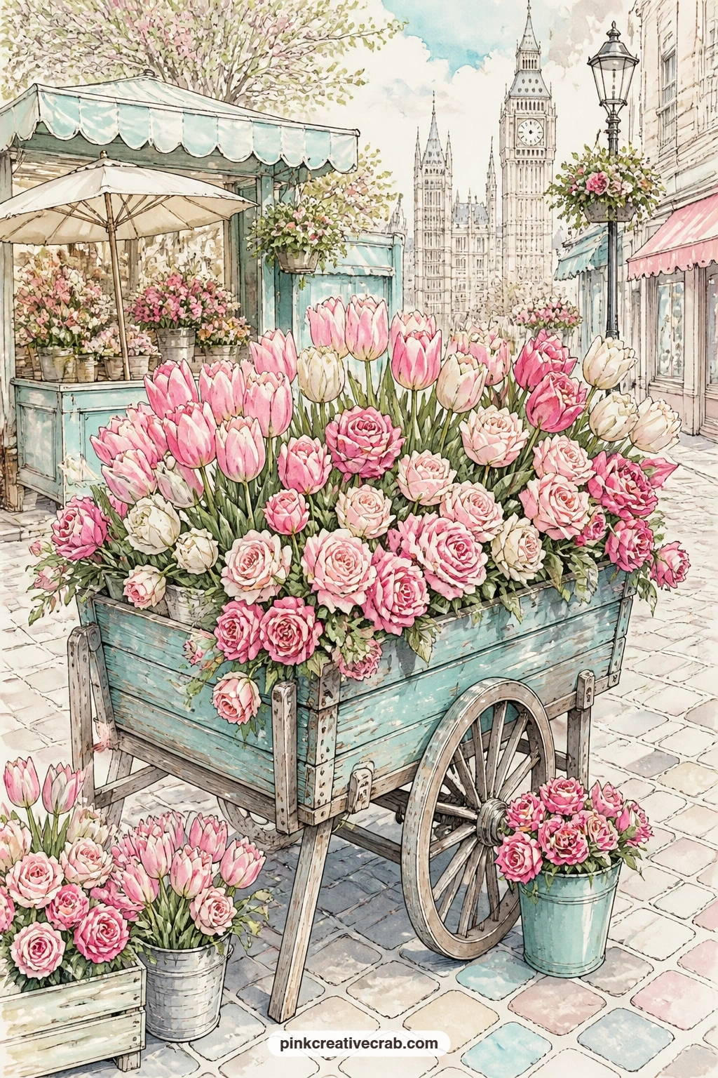 Tulip And Rose Flower Cart printable page — Wheeled onto a cobbled market lane, a flower cart piled with tulips and roses makes the most colourful page in the