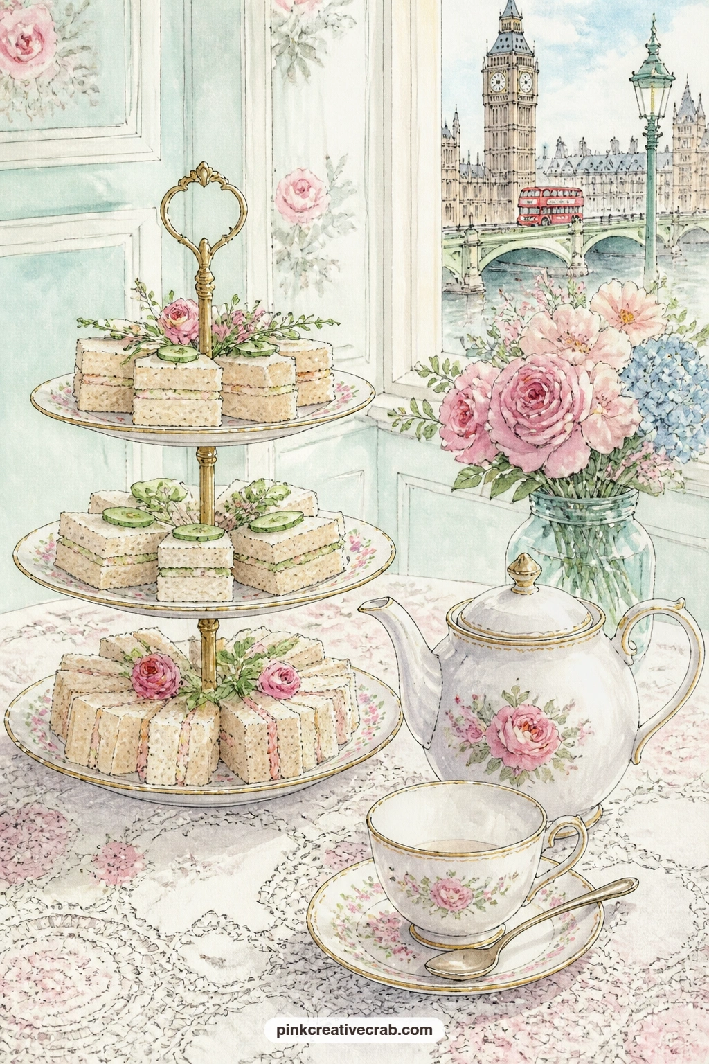 Afternoon Tea Table printable page — Tiered sandwiches and a china teapot cover this afternoon tea table, set with a lace cloth and a small vase of flowers at
