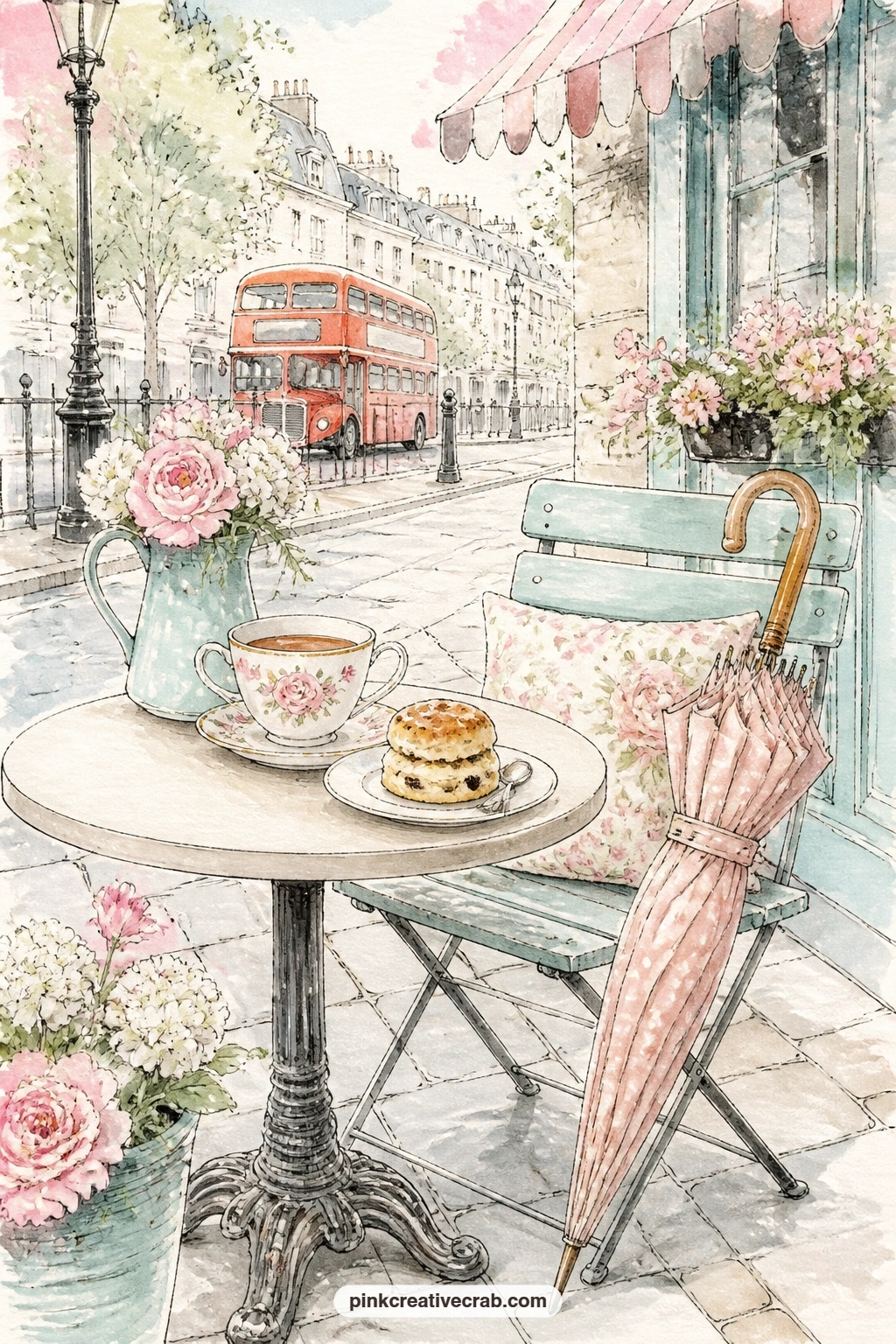 Tea Scone And Umbrella Cafe Table printable page — A cup of tea, a single scone and a rolled umbrella wait on a small cafe table, the kind of corner worth