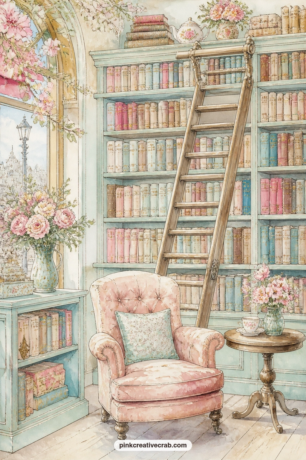 Bookshop Interior With Ladder printable page — A rolling ladder leans against tall shelves in this bookshop interior, an armchair and a half finished teacup