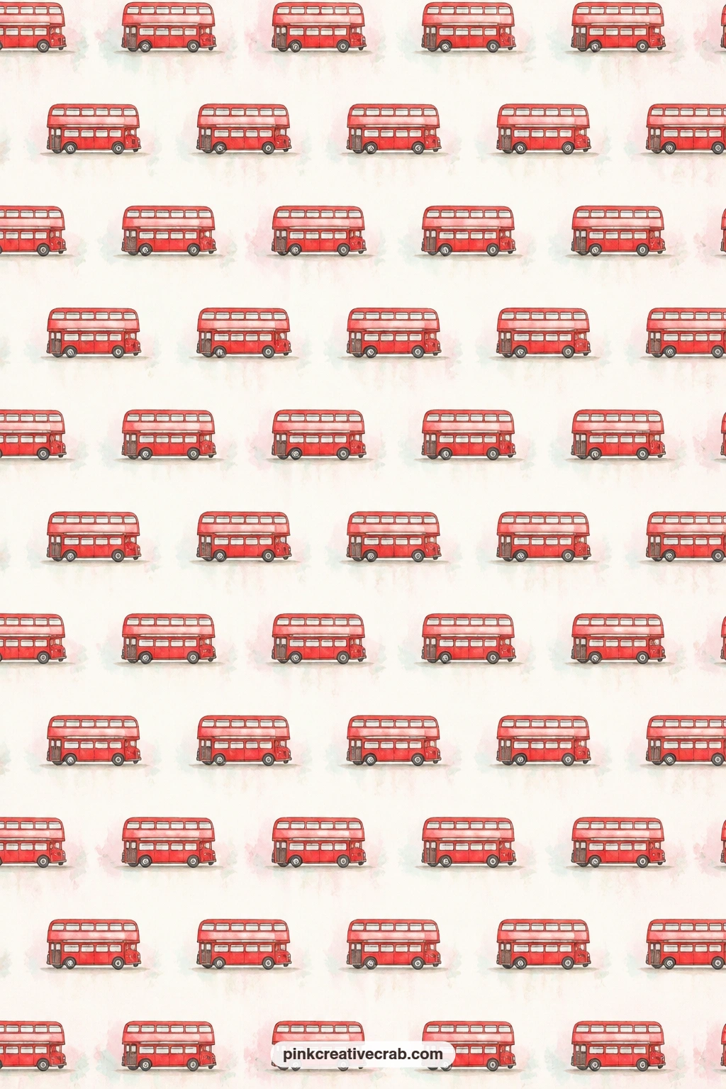 Red Buses On Cream Pattern printable page — Small red double decker buses repeat in neat rows across a cream ground in this pattern. London junk journal