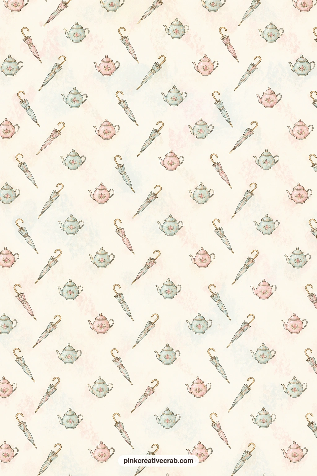 Teapots And Umbrellas Pattern printable page — Tiny teapots sit folded in among little umbrellas scattered evenly across this sheet. London junk journal