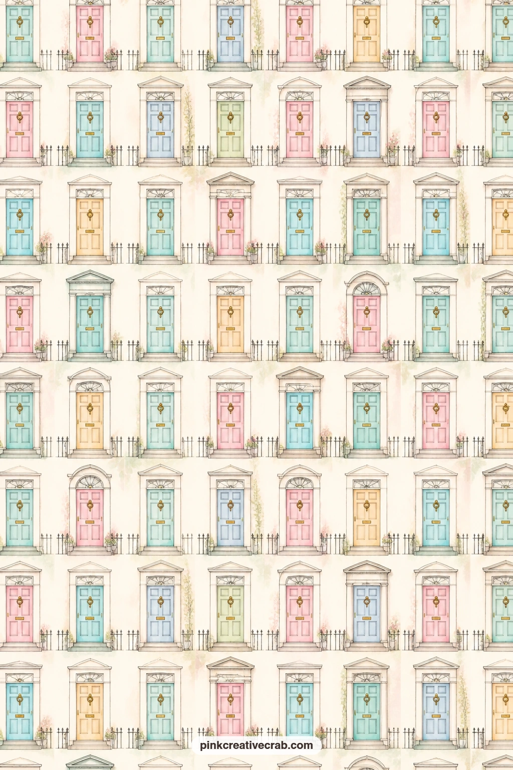 Pastel Townhouse Doors Background Paper printable page — Rows of pastel front doors with brass knockers repeat across this paper in soft blush, aqua and