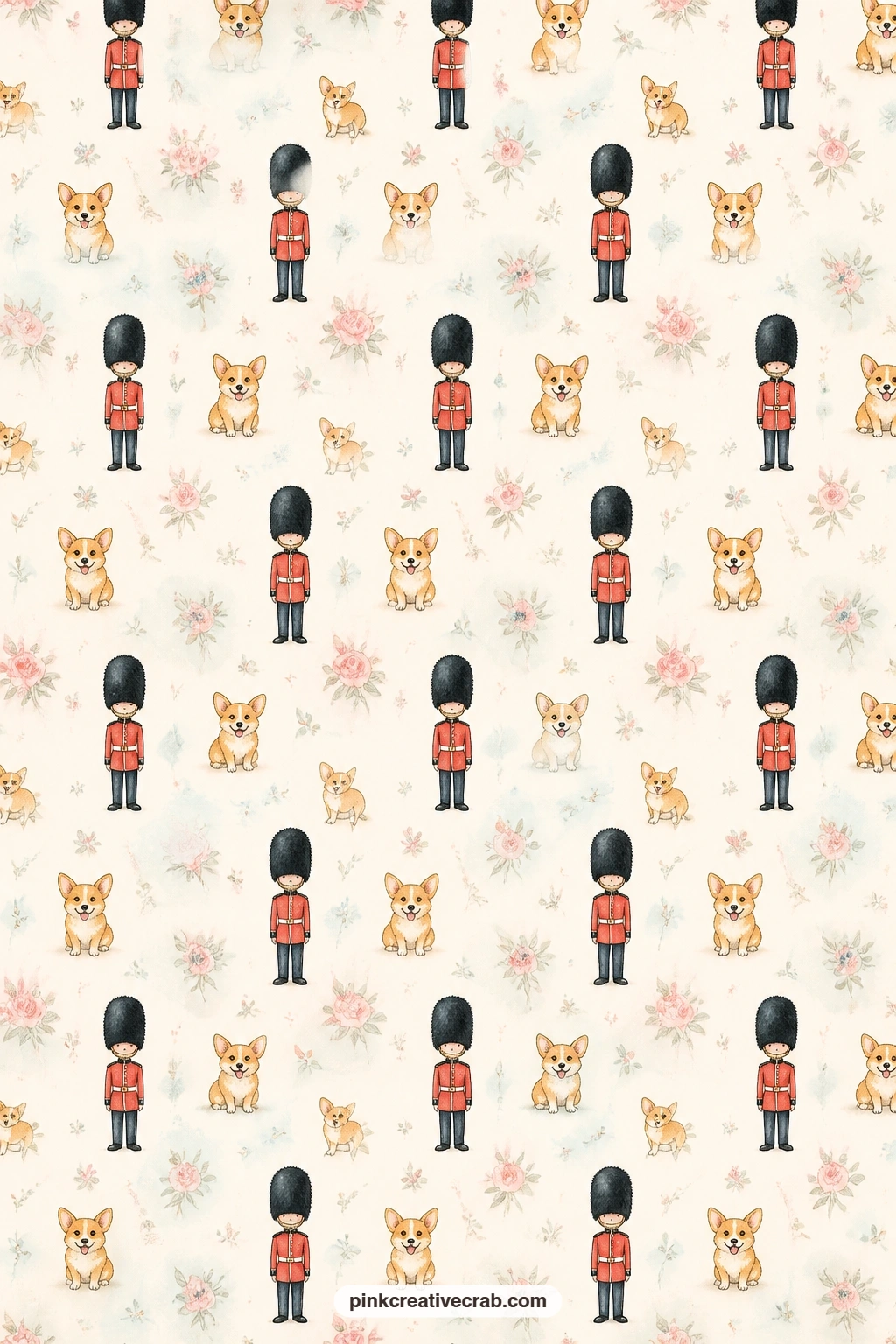Royal Guard And Corgi Background Paper printable page — Tiny guards in bearskin hats alternate with small corgis across this all over pattern. London junk