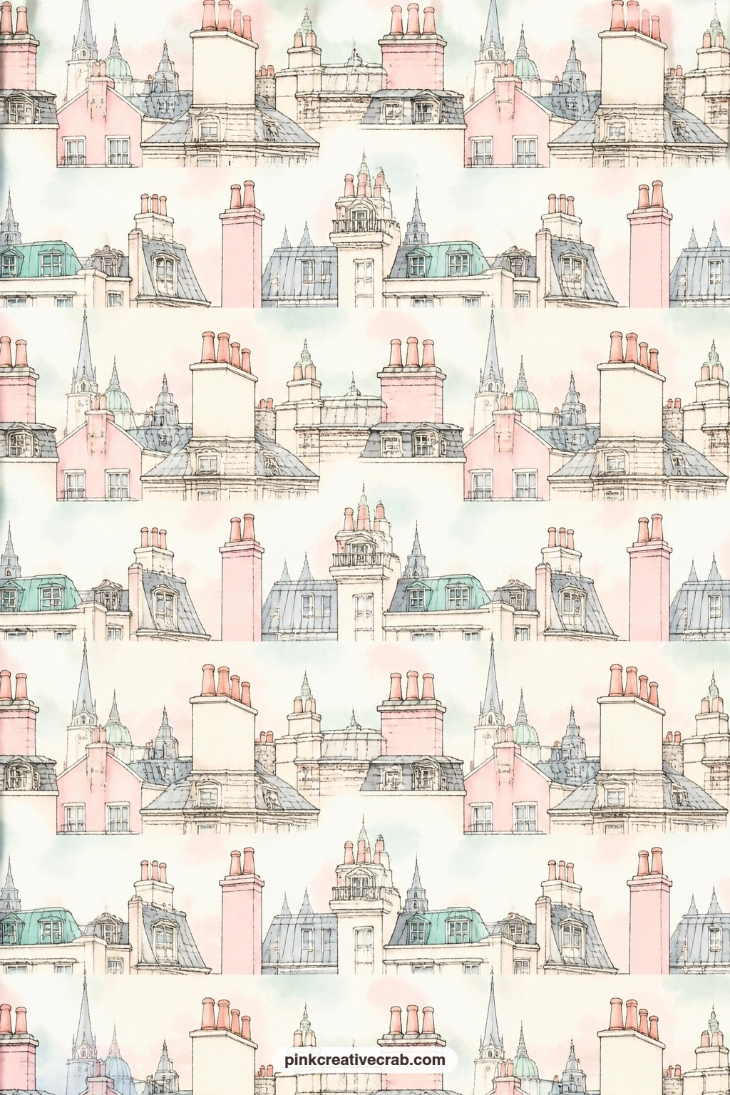 London Rooftops And Chimney Pots Pattern printable page — Chimney pots rise from a repeating skyline of rooftops across this pale sheet. London junk journal